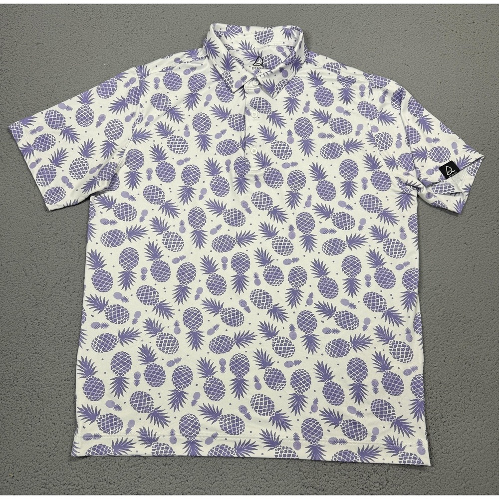 DEOLAX‎ Polo Shirt Mens XL White Pineapple Print Golf Performance Stretch